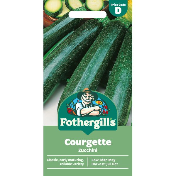 Fothergills courgette (zucchini) seed packet with green courgettes on a white background
