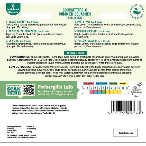Seeds packet for courgettes and summer squashes with text and QR code on a green background