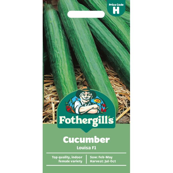 Fothergills cucumber seed packet with cucumbers on a white background