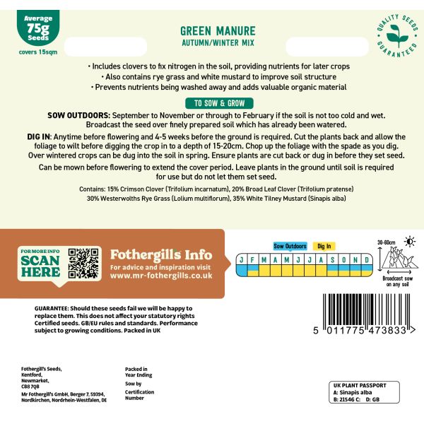 Seeds packet for green manure mix with text and branding