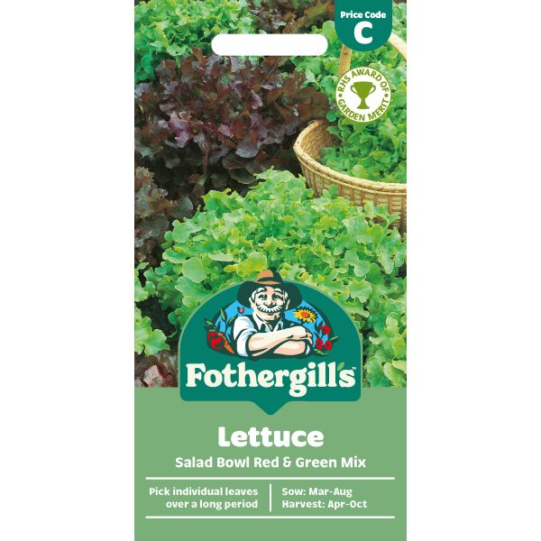 Fothergills lettuce seed packet with images of green and red lettuce on a white background