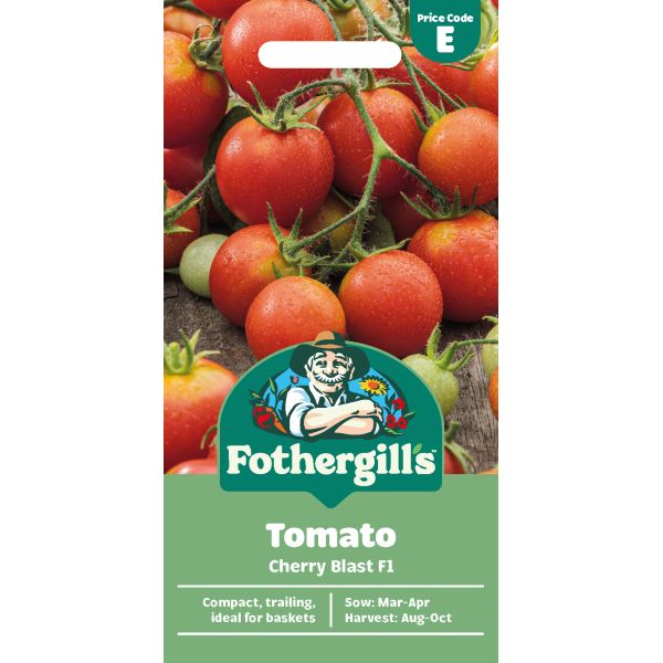 Fothergills Tomato Cherry Blast F1 seed packet with cherry tomatoes on a white background