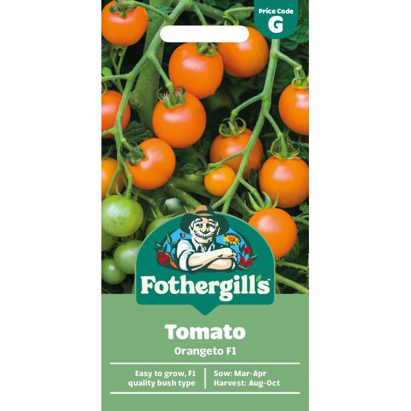 Fothergills Tomato Orangeto F1 seed packet with tomatoes on a white background