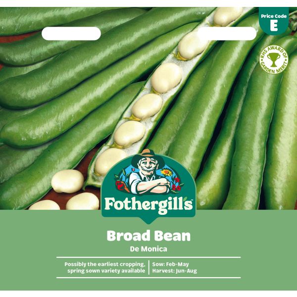 Fothergills Broad Bean seed packet with green beans and brand logo.