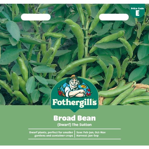 Fothergills Broad Bean seed packet with green beans and brand logo.