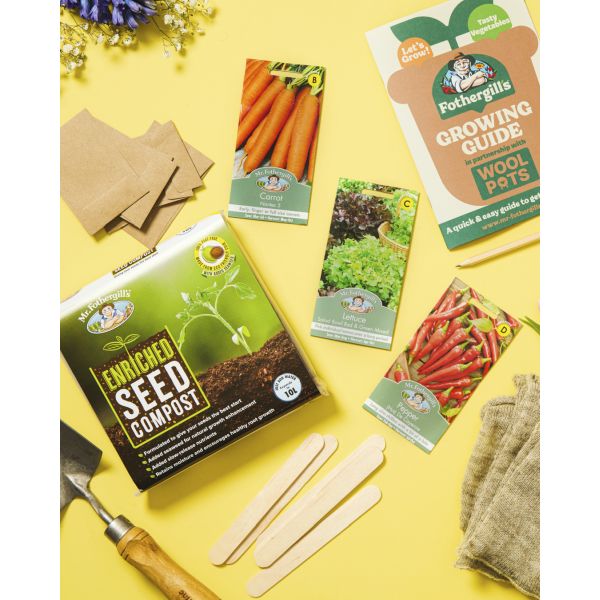 Gardening supplies including seed compost, seed packets, and tools on a yellow background
