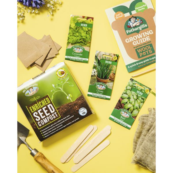 Gardening supplies including seed compost, seed packets, and a growing guide on a yellow background.