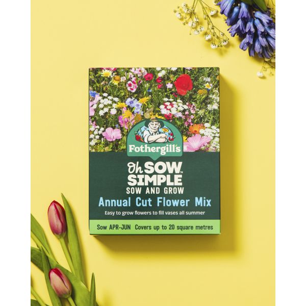 Fothergills annual cut flower mix packaging on a yellow background with flowers around