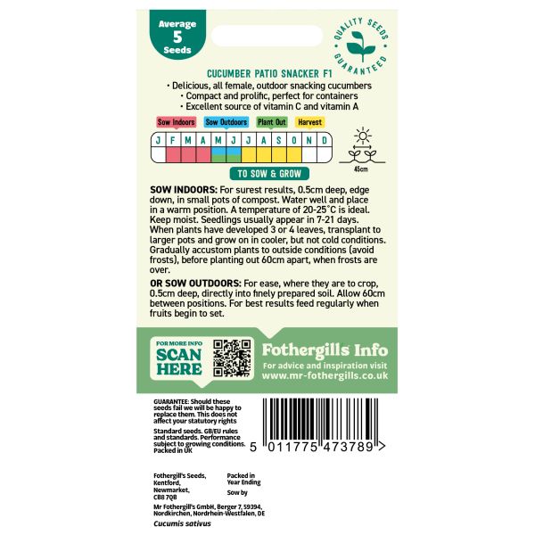 Cucumber patio snacker seed packet with planting instructions and Fothergills branding.