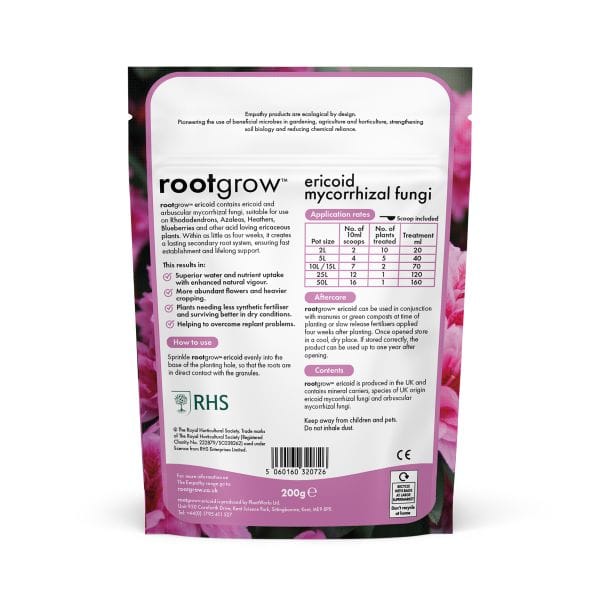 Rootgrow ericoid mycorrhizal fungi packaging with pink floral background