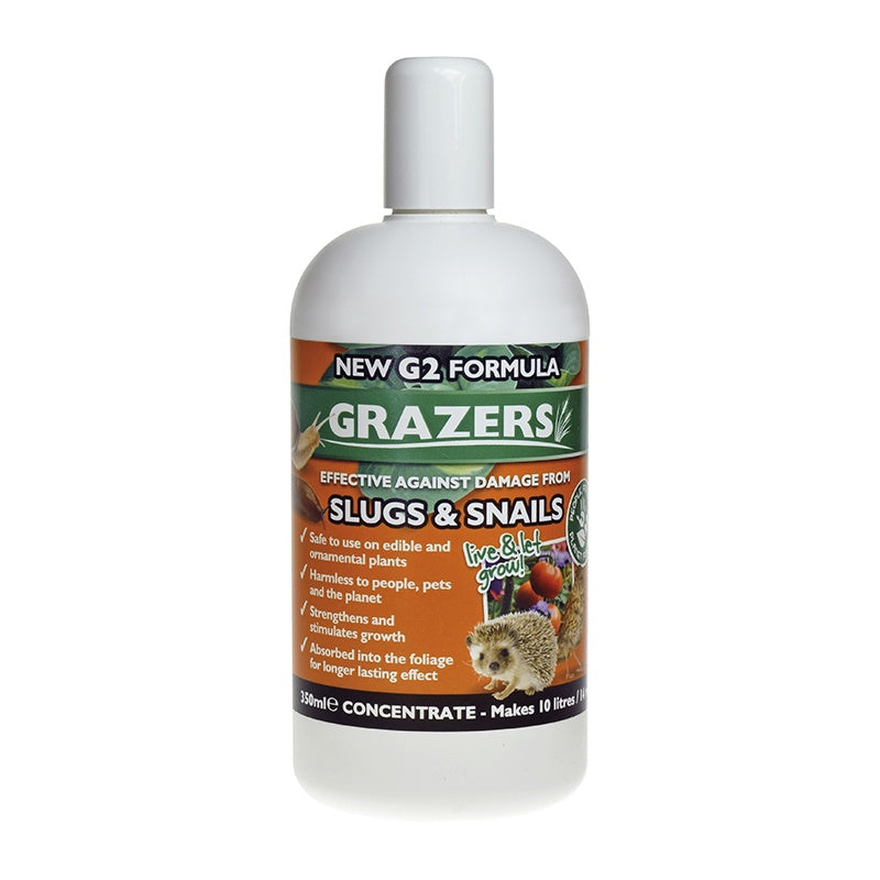 Bottle of Grazers slug and snail control product on a white background