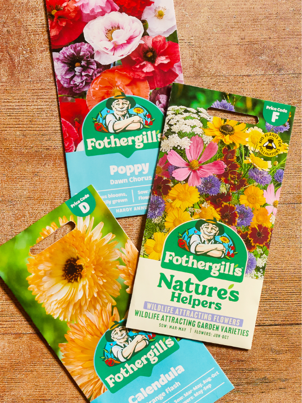 Four Fothergills seed packets on a wooden surface, featuring images of flowers and branding.