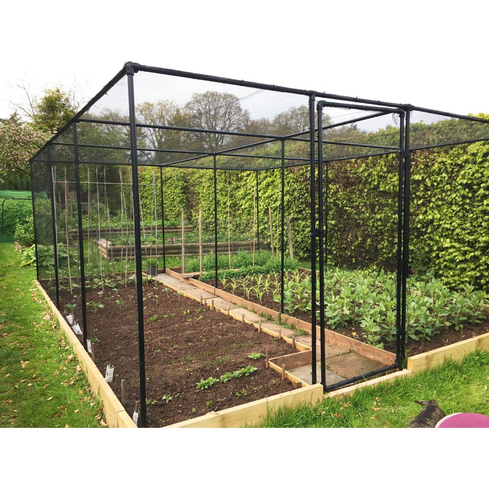 Black metal garden cage enclosing a vegetable garden with greenery in the background