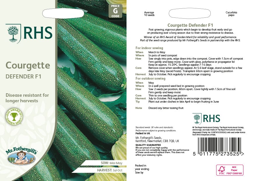 RHS Courgette Defender F1 Seeds