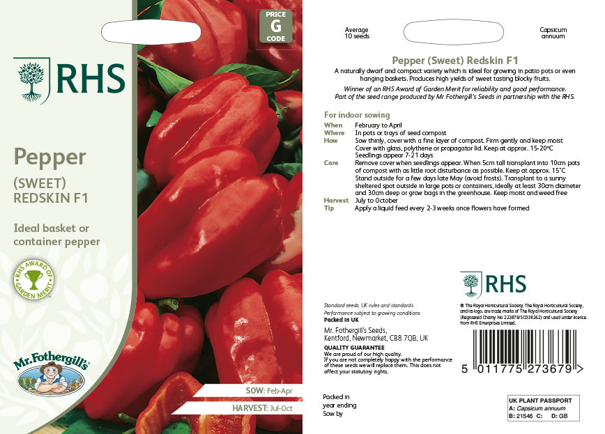 RHS branded seed packet for sweet redskin peppers with images of red peppers on a white background.