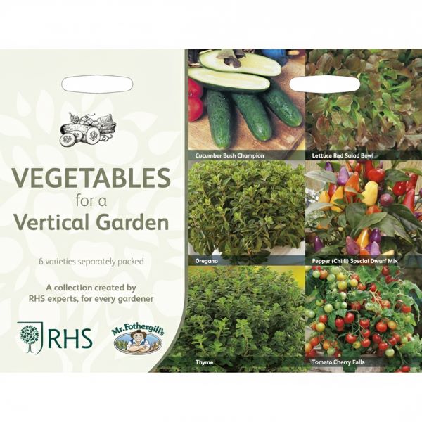 Packaging for vegetables suitable for a vertical garden with images of various vegetables and text.