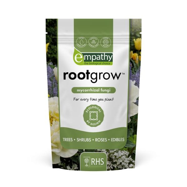 Rootgrow mycorrhizal fungi package with branding and product details on a white background