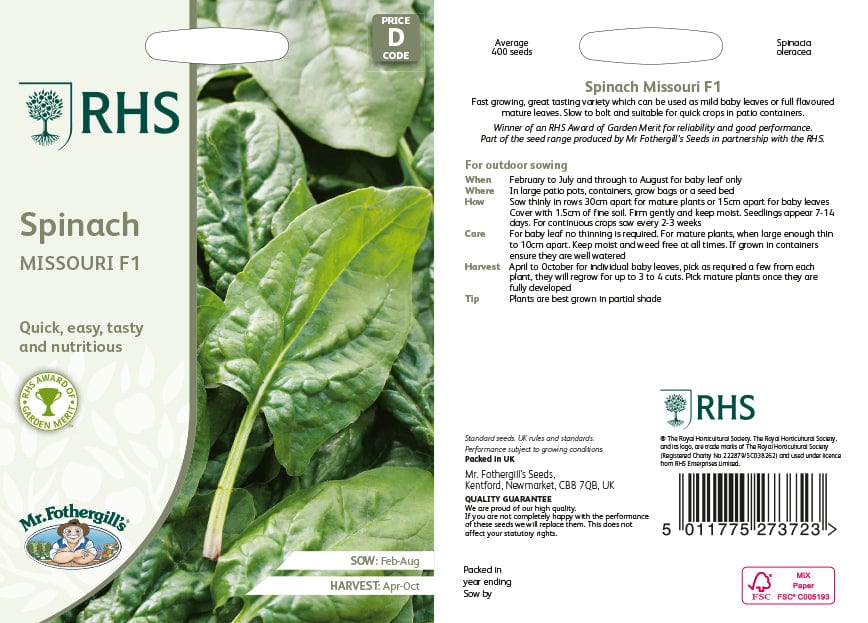 RHS Spinach Missouri F1 Seeds