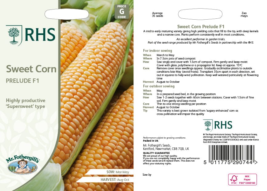 RHS Sweet Corn Prelude F1 Vegetable Seeds