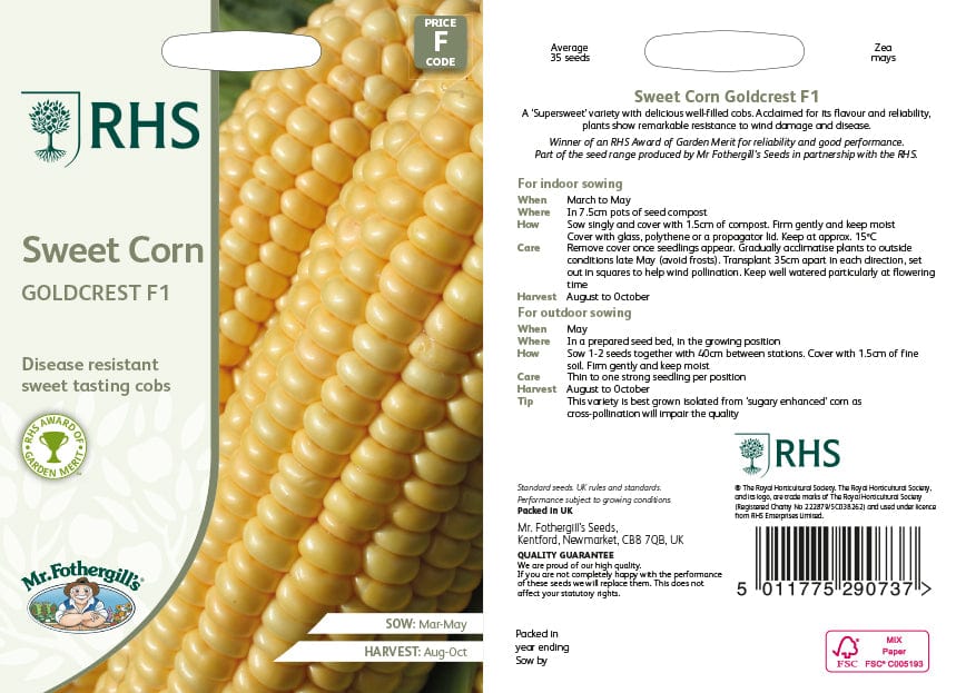 RHS Sweet Corn Goldcrest F1 Vegetable Seeds