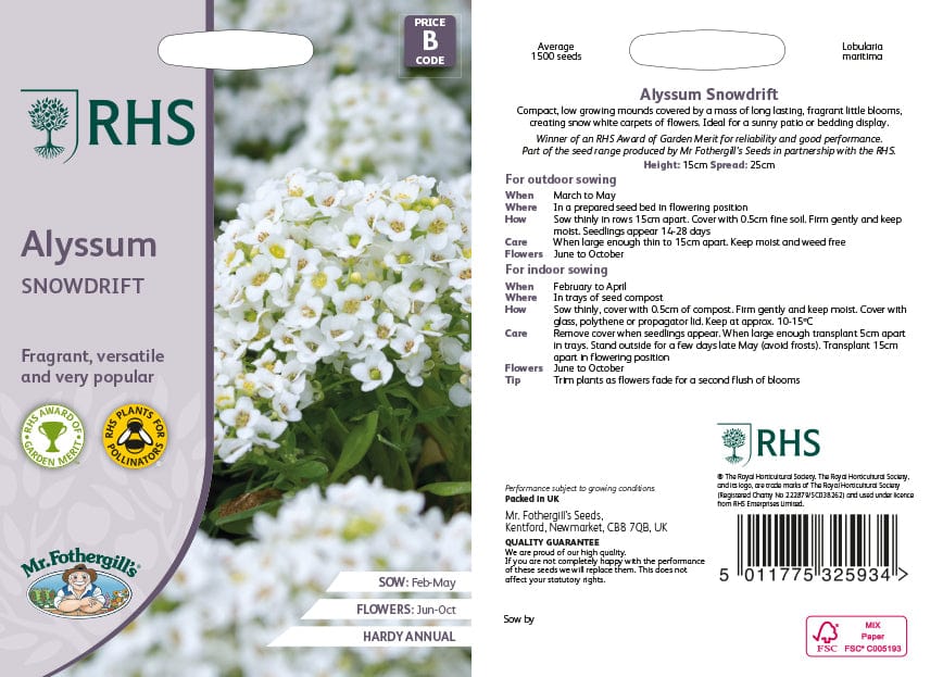 RHS Alyssum Snowdrift Flower Seeds