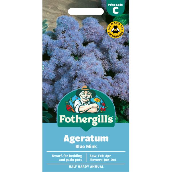 Fothergills Ageratum Blue Mink seed packet with plant image on a white background
