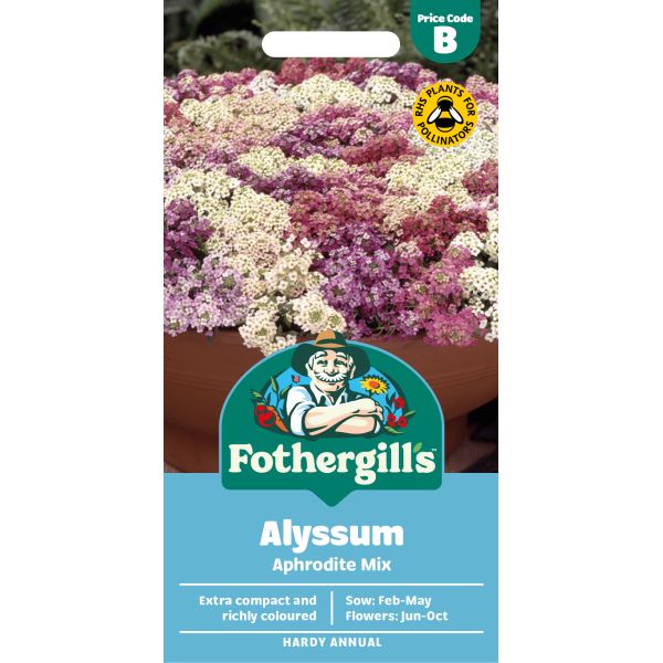 Fothergills Alyssum Aphrodite Mix seed packet with a background of flowering plants.