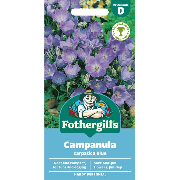 Fothergills Campanula carpatica Blue seed packet with purple flowers on a white background