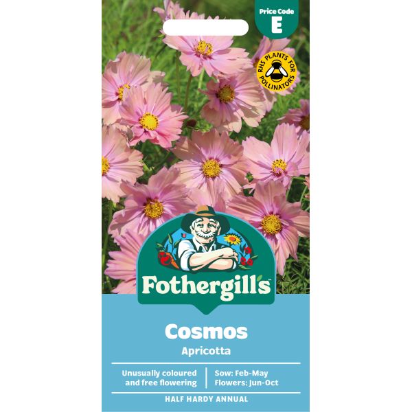 Fothergills Cosmos Apricotta seed packet with pink flowers on a white background