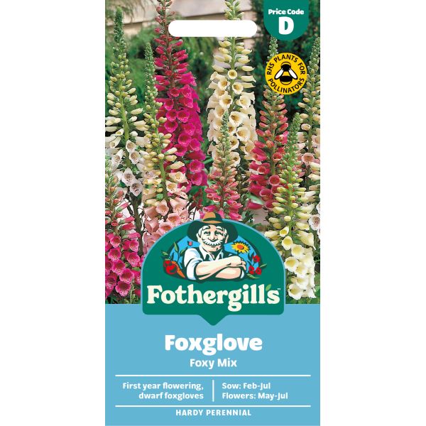 Fothergills Foxglove Foxy Mix seed packet with colorful foxglove flowers on a white background