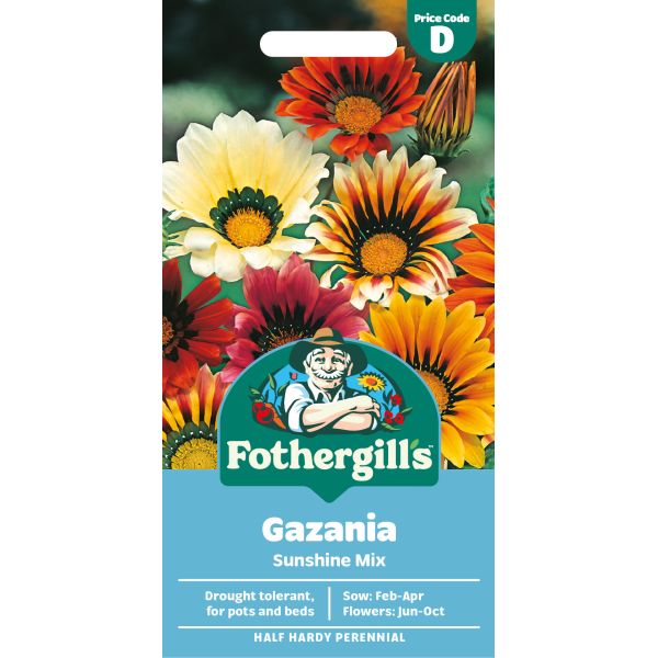 Fothergills Gazania Sunshine Mix seed packet with colorful flowers on a white background