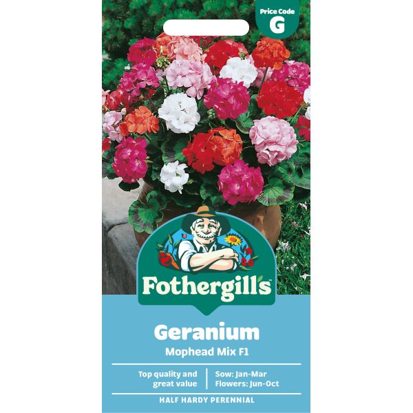 Fothergills Geranium Mophead Mix F1 seed packet with colorful geraniums on a white background