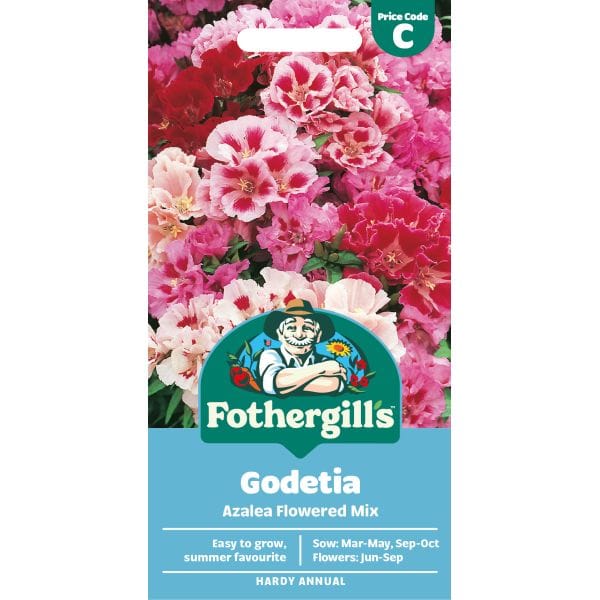 Fothergills Godetia Azalea Flowered Mix packaging with colorful flowers on a white background