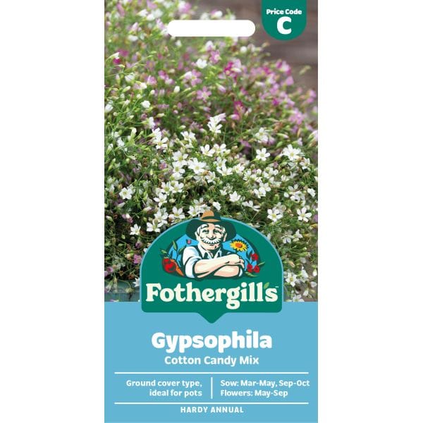 Fothergills Gypsophila Cotton Candy Mix seed packet with a background of flowering plants.