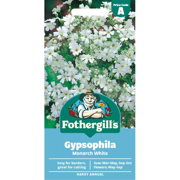 Fothergills Gypsophila Monarch White seed packet with white flowers and green leaves on a white background.