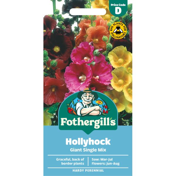 Fothergills Hollyhock Giant Single Mix seed packet with colorful flowers on a white background
