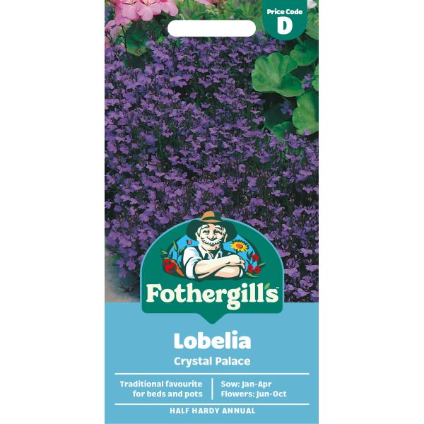 Fothergills Lobelia Crystal Palace seed packet with purple flowers in the background