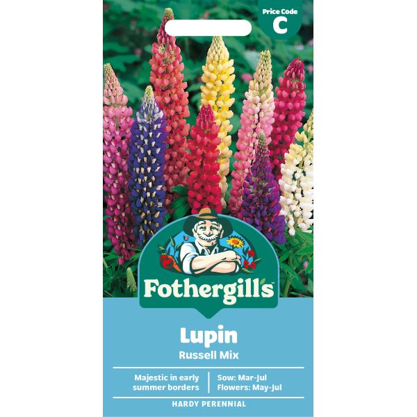 Fothergills Lupin Russell Mix seed packet with colorful lupin flowers on a white background