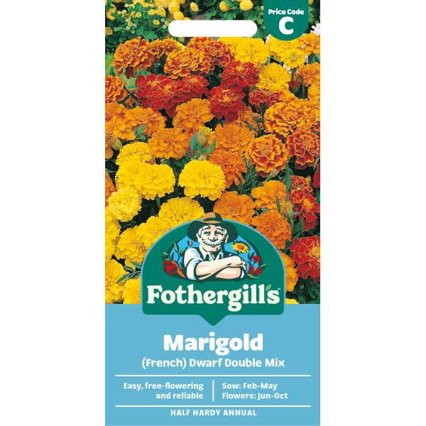 Fothergills Marigold seed packet with colorful marigold flowers on a white background