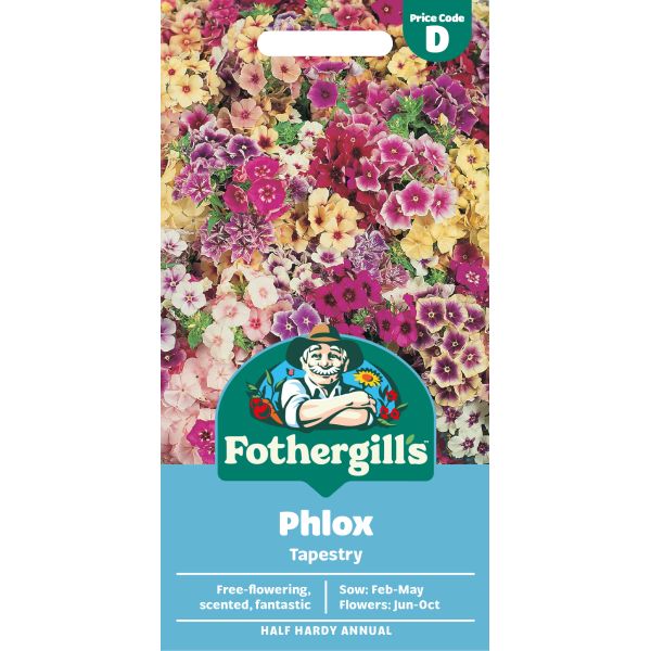 Fothergills Phlox Tapestry seed packet with colorful flower design on a white background