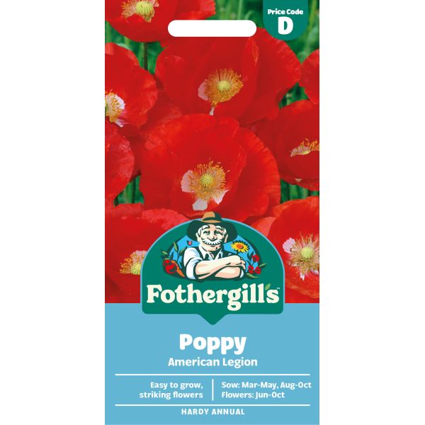 Fothergills Poppy American Legion seed packet with red flowers on a white background