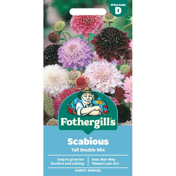 Fothergill's Scabious Tall Double Mix seed packet with colorful flowers on a white background