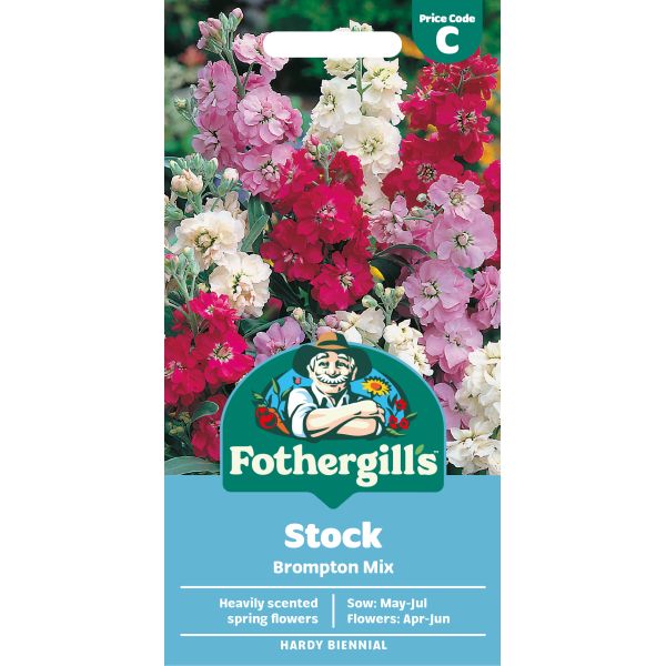 Fothergills Stock Brompton Mix packaging with colorful flowers on a white background