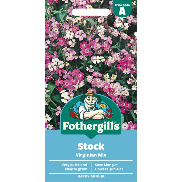Fothergills Stock Virginian Mix seed packet with colorful flowers on a white background
