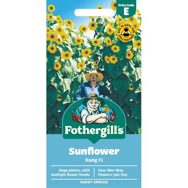 Fothergills Sunflower seed packet with a man in a hat and sunflower plants on a white background
