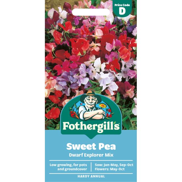 Fothergill's Sweet Pea dwarf explorer mix packaging with colourful flowers on a white background