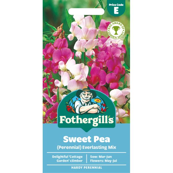 Fothergills sweet pea seed packet with colourful flowers on a white background