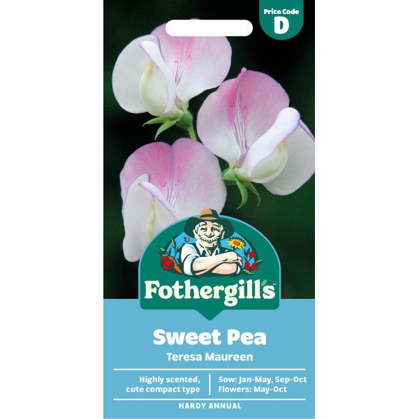 Fothergills sweet pea seed packet with pink and white flowers on a dark background