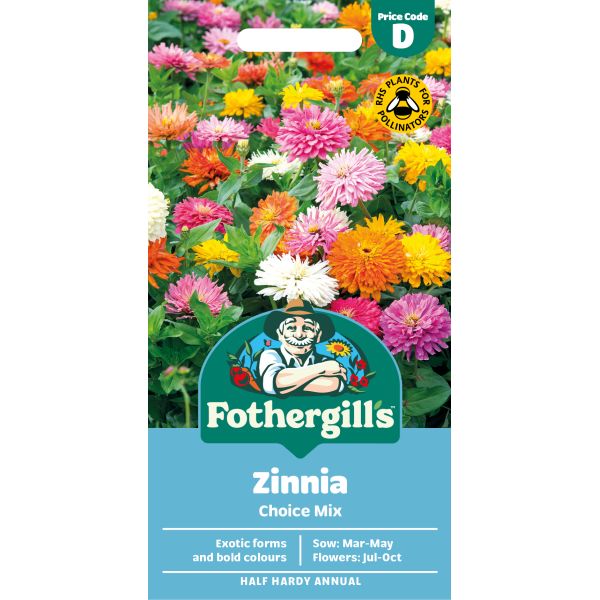 Fothergills Zinnia Choice Mix seed packet with colorful flowers on a white background
