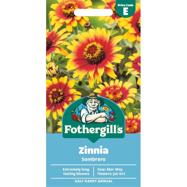 Fothergills Zinnia Sombrero seed packet with colorful flowers on a white background